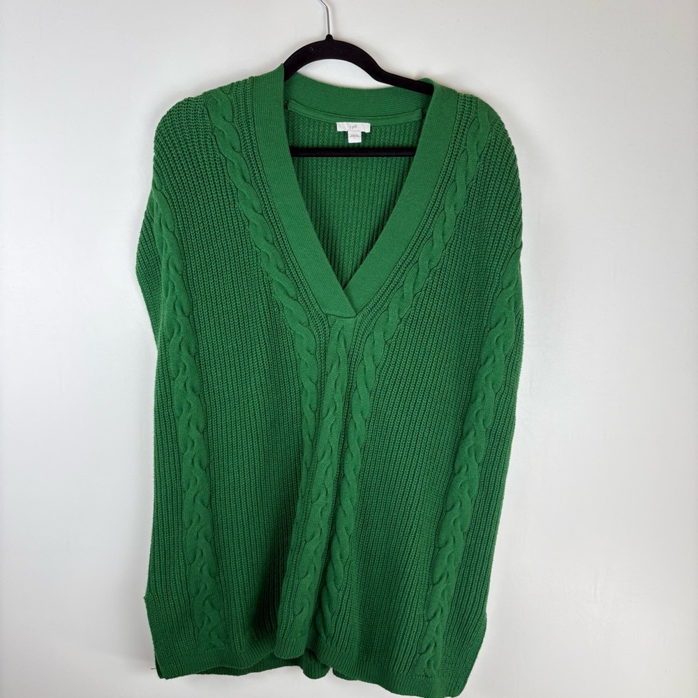 J Jill Vest Womens Large Cable Knit Sleeveless Sweater Oversized V Neck Green